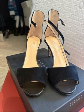 Barneys New York Black Suede Open-Toe Slingback Heels